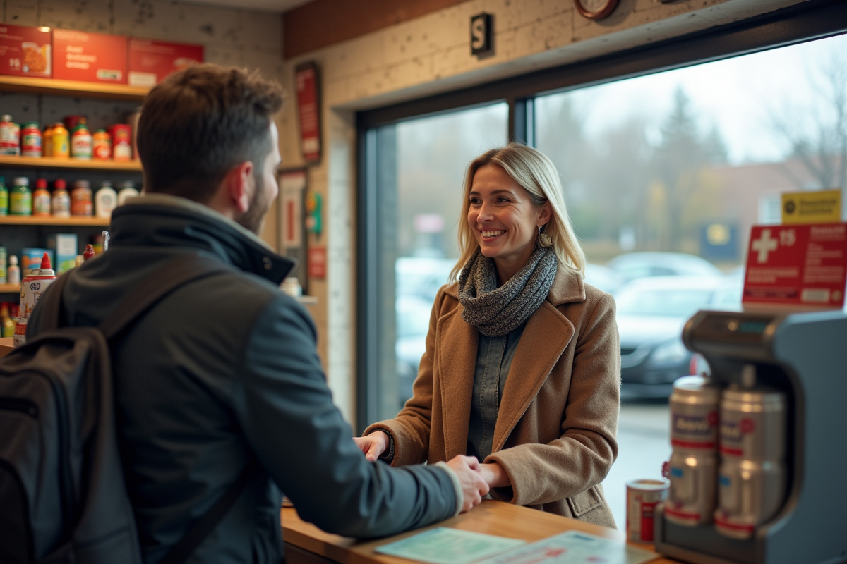 Femme d age moyen payant en liquide au comptoir d une station service
