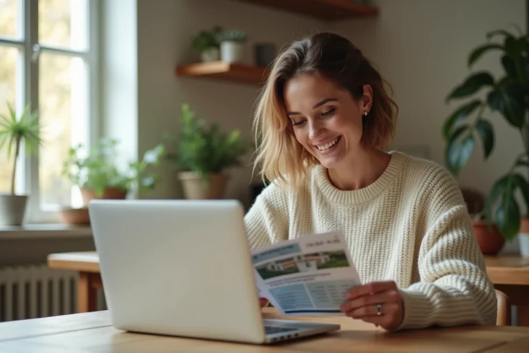 Femme consultant son carnet de chèques vacances ANCV devant un ordinateur portable pour réserver un logement Airbnb