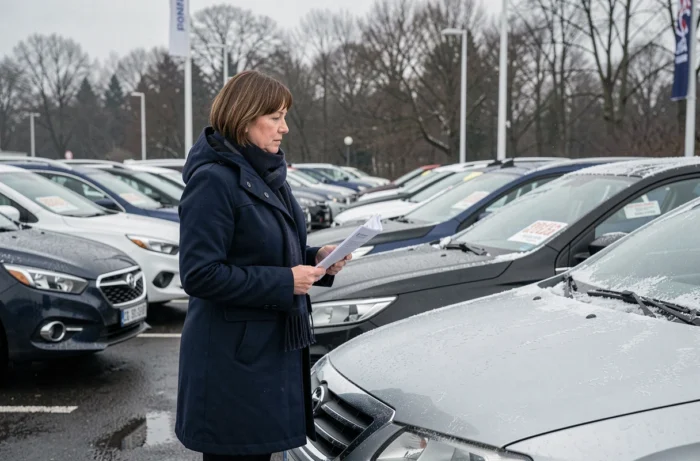 Une femme examine des voitures neuves dans un parking de concession en hiver pour trouver la meilleure offre