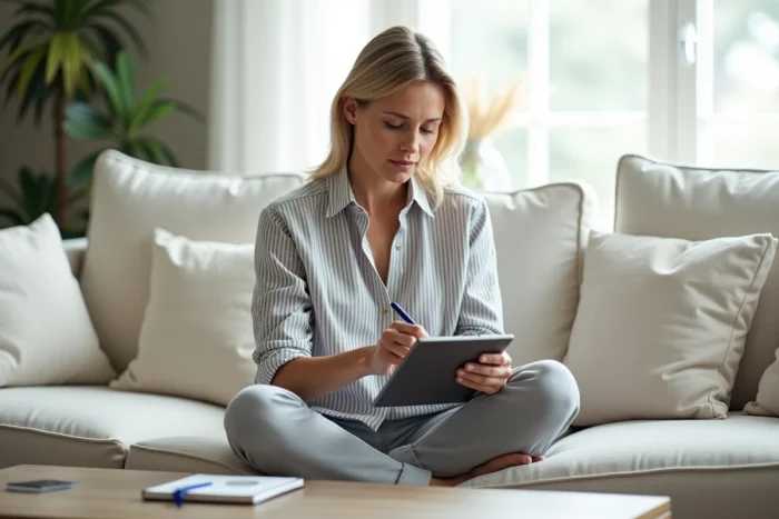 Femme rédigeant un message de contact à un blogueur sur une tablette dans un salon lumineux et confortable