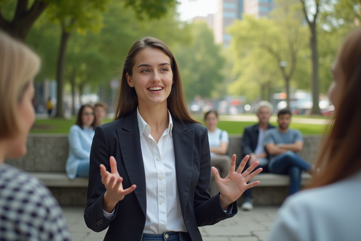 Jeune femme parle lors d une discussion en plein air