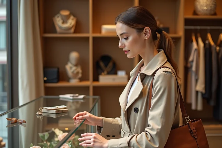 Femme élégante en trench coat beige choisissant des accessoires de mode dans une boutique parisienne