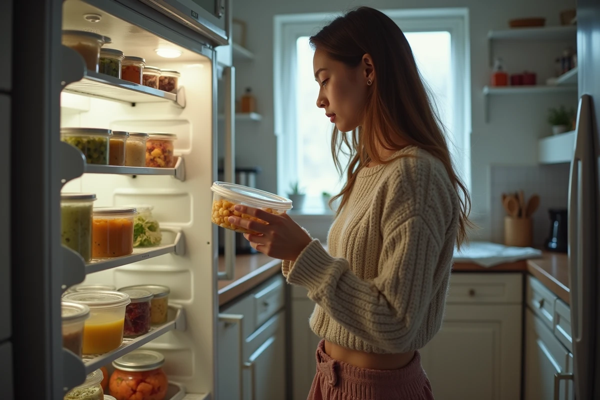 Jeune femme regardant attentivement les aliments dans le frigo