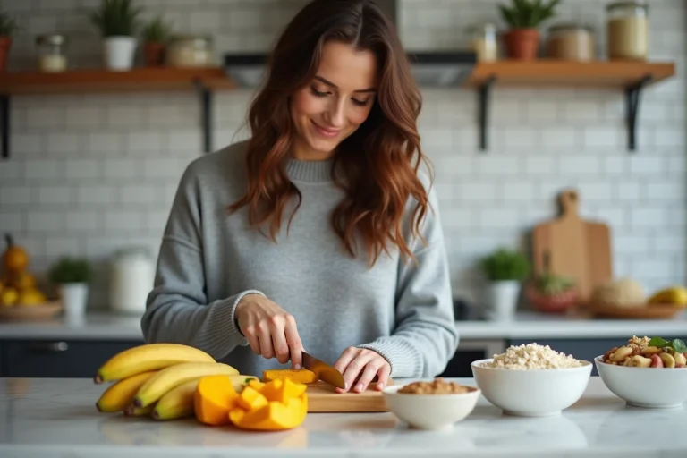 Femme préparant un smoothie maison avec mangue et banane