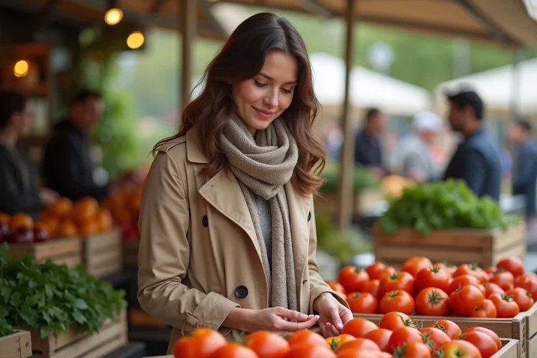 Jeune femme au marché choisissant des tomates bio