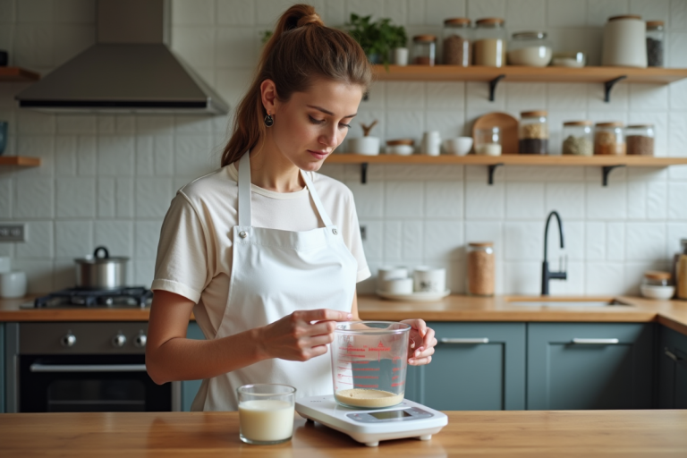 Femme mesurant avec précision dans une cuisine moderne