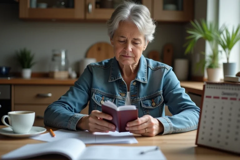 Femme en denim examine son passeport expiré à la maison