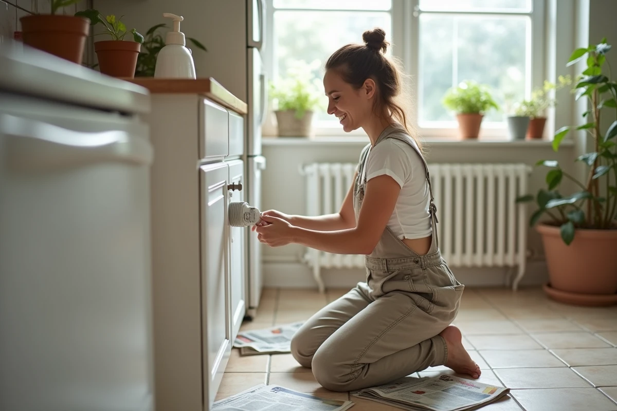 Jeune femme peint un porte de cuisine dans une pièce lumineuse
