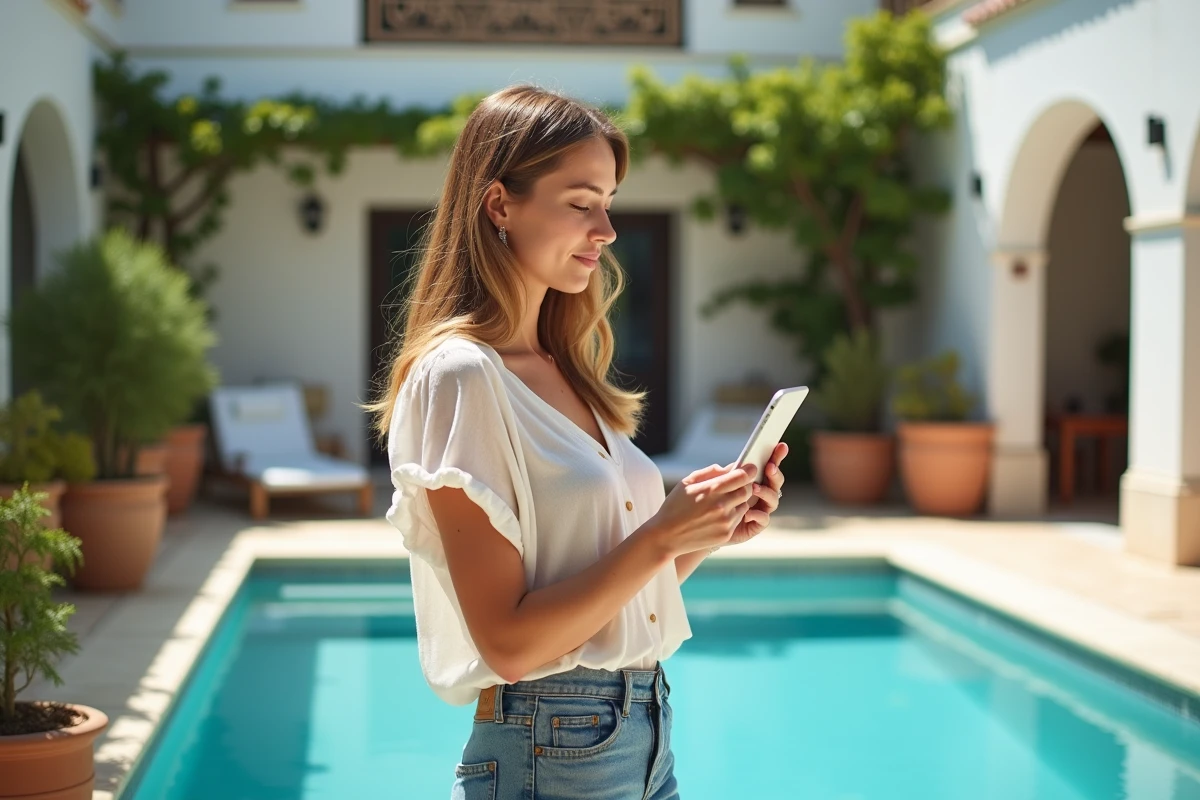Jeune femme au bord de la piscine avec une tablette en main