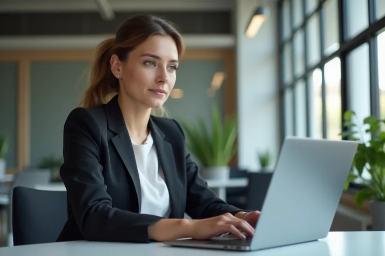 Jeune femme professionnelle regardant un ordinateur lors d'un événement Paris Saclay