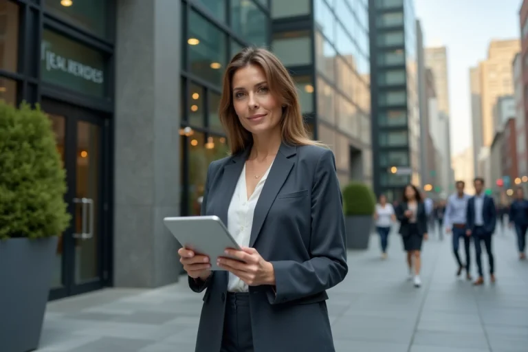 Femme professionnelle avec tablette devant immeuble moderne