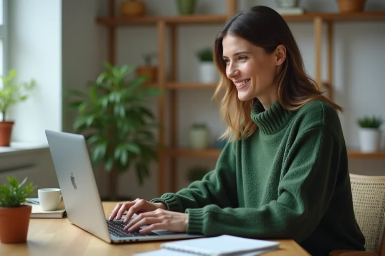 Femme souriante tapant son mot de passe dans un bureau lumineux