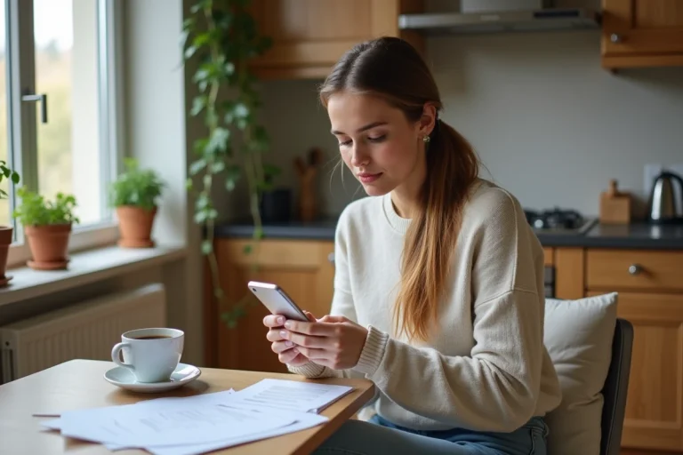 Jeune femme avec smartphone dans une cuisine moderne