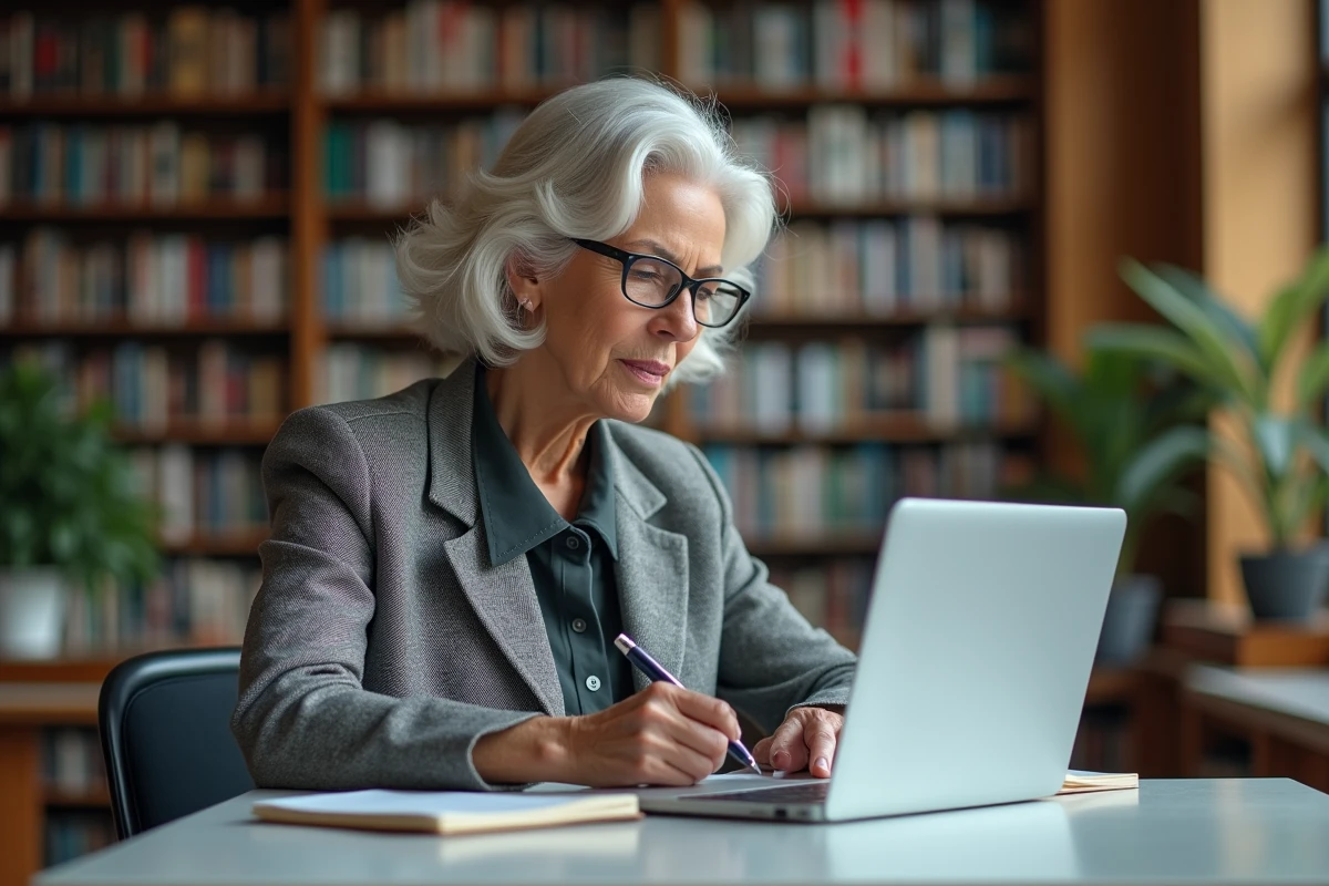 Femme senior concentrée sur un cours de langue en ligne