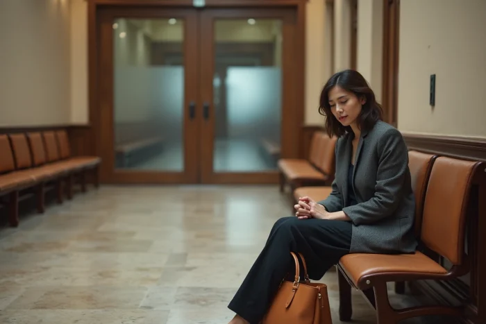 Femme seule dans le couloir d'un tribunal attendant une audience devant le juge aux affaires familiales avec une expression d'inquiétude