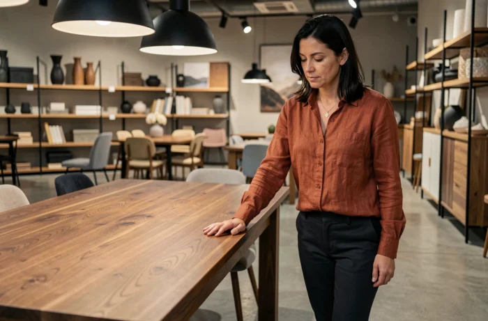 Femme examinant une table en bois massif dans un showroom de mobilier contemporain aux sols en béton ciré