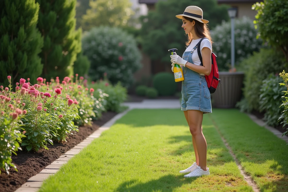 Jeune femme appliquant un traitement aux plantes dans le jardin