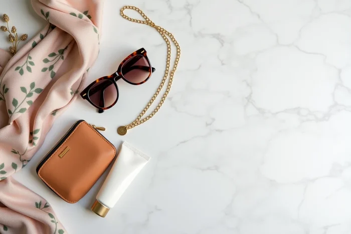 Flat lay d'accessoires quotidiens élégants sur marbre blanc incluant foulard, lunettes et bijoux dorés