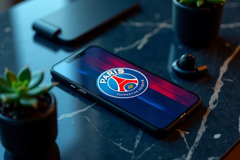 Smartphone affichant un fond d'écran PSG 4K en rouge et bleu posé sur un bureau en marbre noir avec des écouteurs sans fil