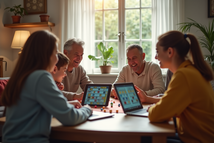 Groupe diversifié jouant à un jeu en ligne en famille dans un salon lumineux