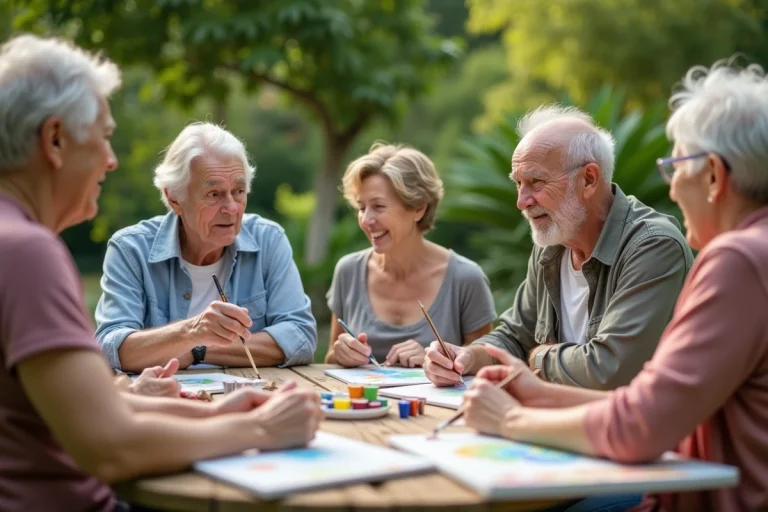 Seniors actifs peignant dans un jardin verdoyant