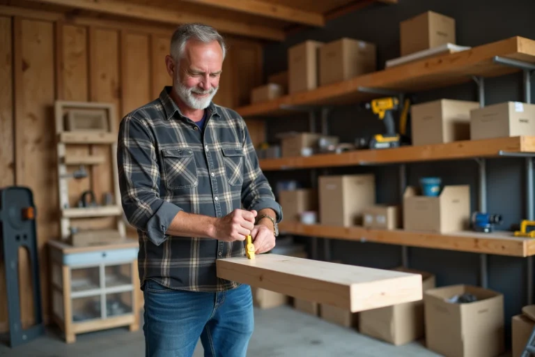 Homme d'âge moyen assemble une étagère en bois dans un garage organisé