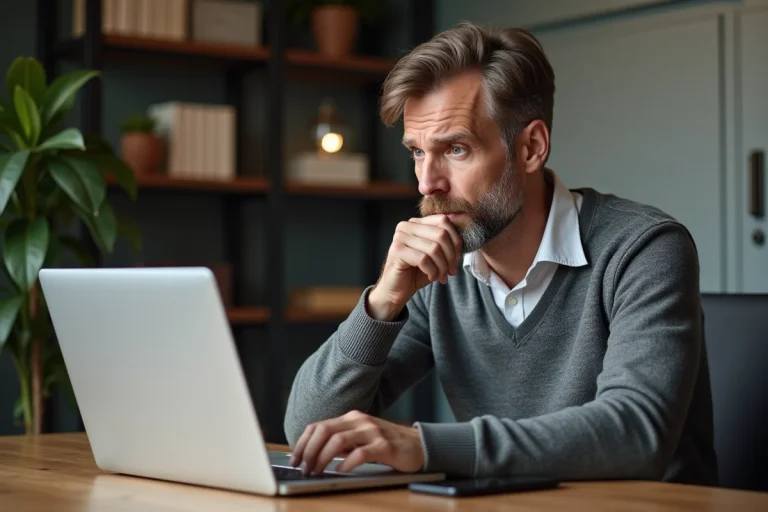 Homme d'âge moyen concentré devant son ordinateur dans un bureau moderne