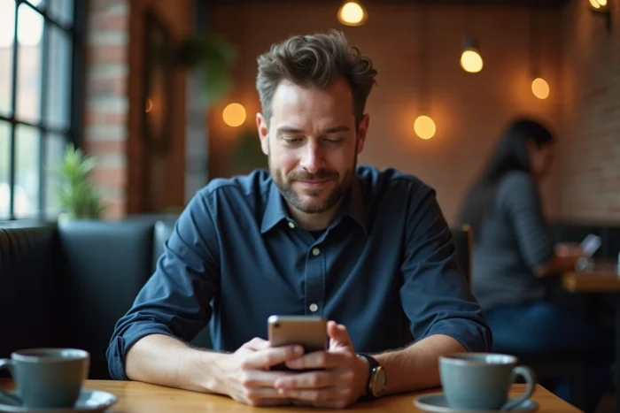 Homme consultant un blog sur son smartphone dans un café urbain pour poser une question à un blogueur