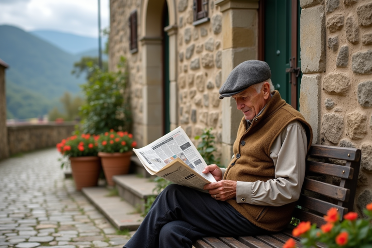 Homme italien âgé lisant un journal devant une église ancienne