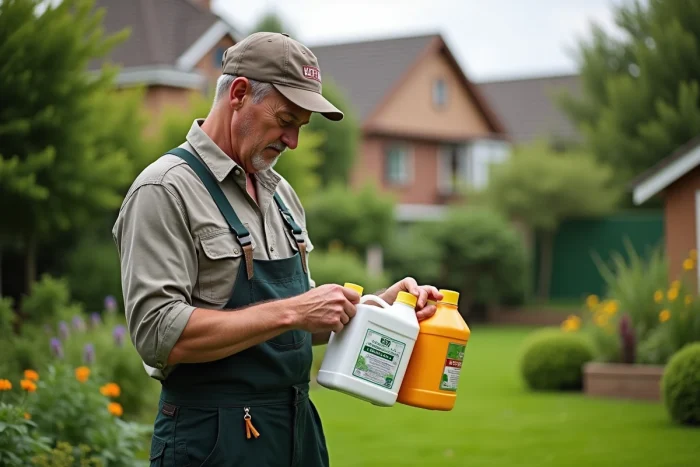 Homme jardinier lisant étiquettes de produits chimiques
