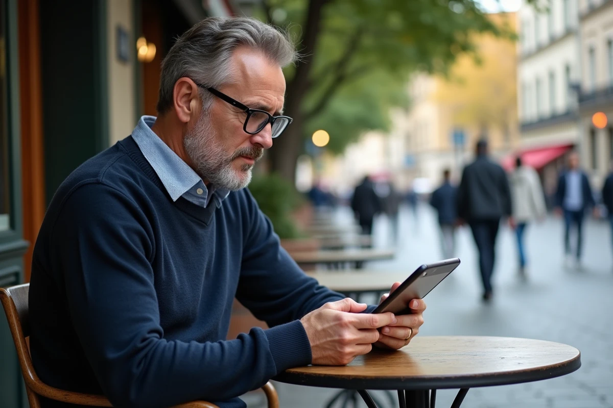 Homme lisant la presse en extérieur en ville