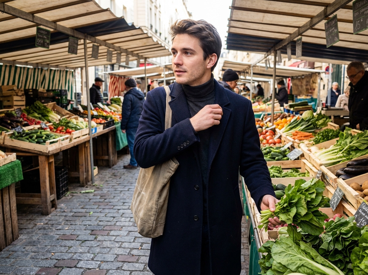 Jeune homme au marché bio à Paris avec sac en coton