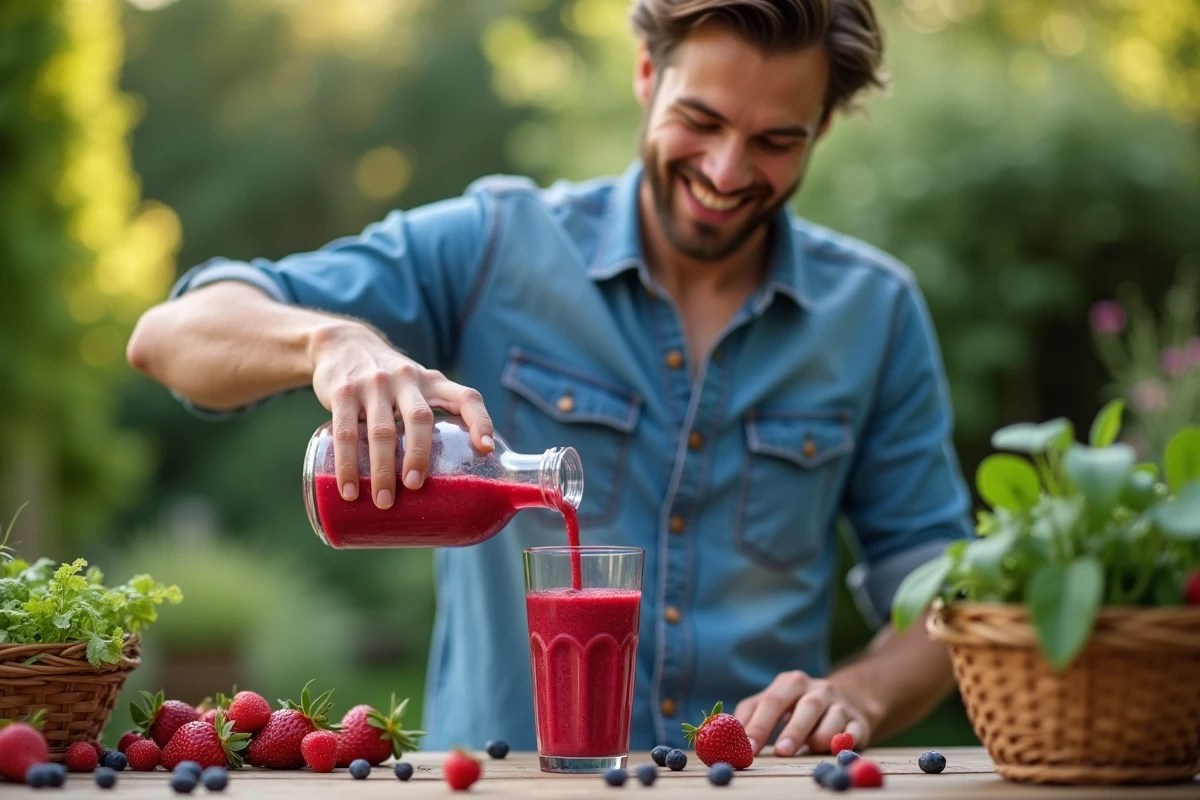 Homme mélangeant un smoothie aux fruits dans un jardin