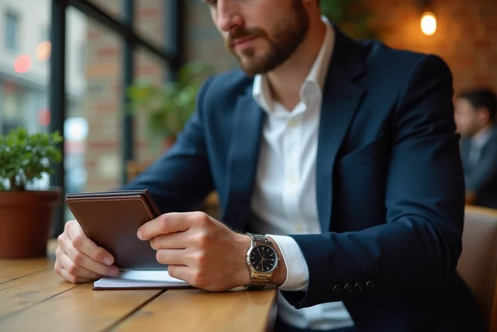 Homme en blazer marine portant une montre classique et un portefeuille en cuir dans un café moderne