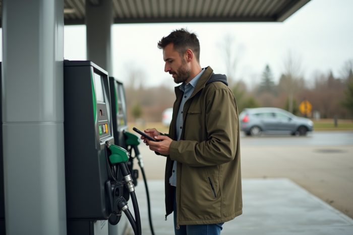 Homme d age moyen payant au station service avec son smartphone