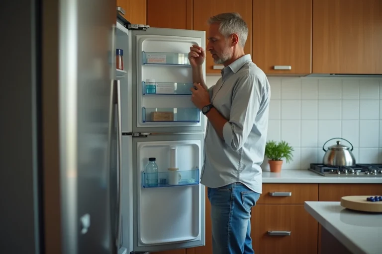Homme d'âge moyen devant le frigo avec expression inquiète