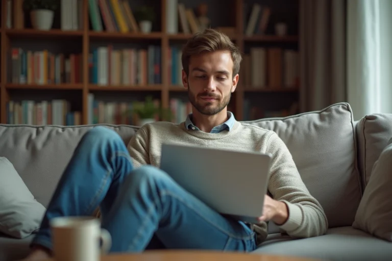 Jeune homme détendu regardant un film sur son ordinateur à la maison