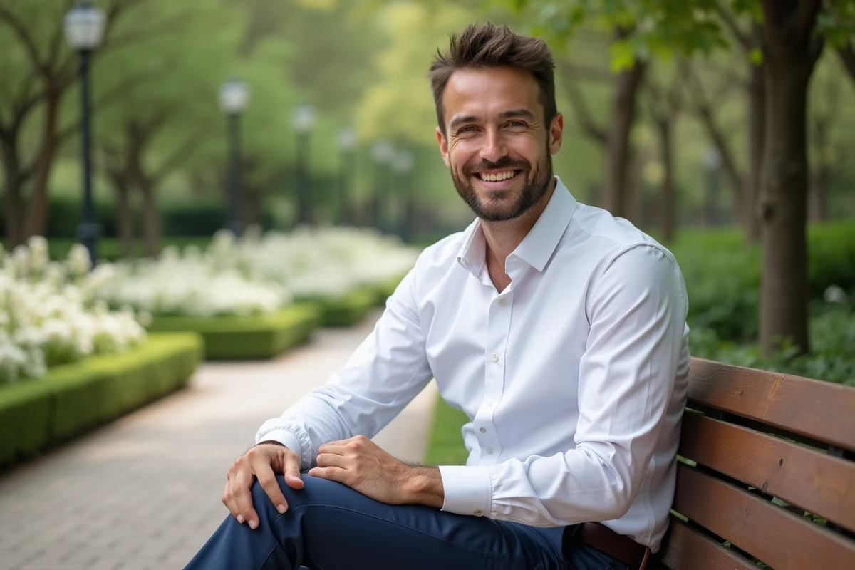 Homme souriant assis dans un parc botanique en plein air