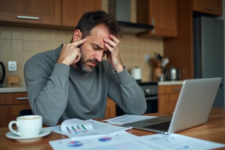 Homme stressé consultant des documents financiers à la maison suite à des difficultés de remboursement de crédit