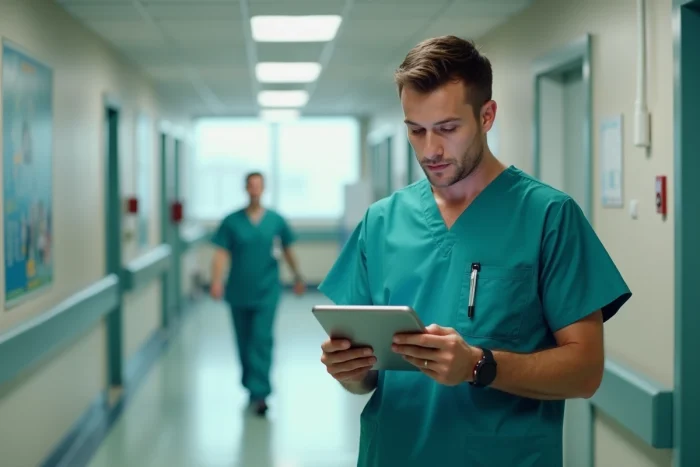 Infirmier consultant un tablet numérique pour la communication entre soignants dans un couloir d'hôpital