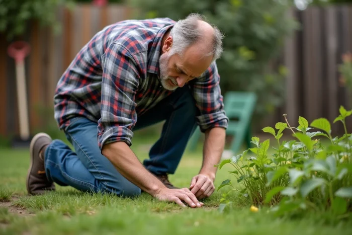 Homme d'âge moyen inspectant des feuilles jaunies dans le jardin