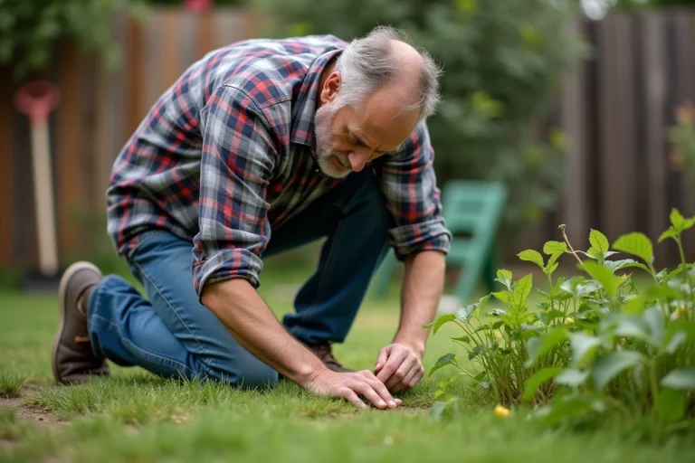 Homme d'âge moyen inspectant des feuilles jaunies dans le jardin