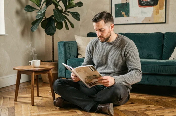 Homme parcourant un magazine de décoration intérieure assis sur un parquet en chevrons dans un salon cosy avec canapé en velours teal