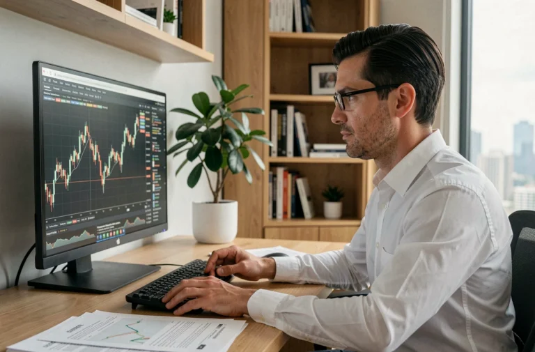 Homme d'affaires analysant des graphiques boursiers sur un ordinateur dans un bureau à domicile moderne