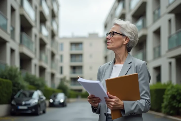 Propriétaire étudiant les conditions de prolongation d'un investissement Scellier intermédiaire devant un immeuble résidentiel moderne.