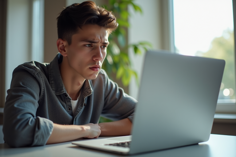 Jeune adulte inquiet devant un ordinateur avec site fermé