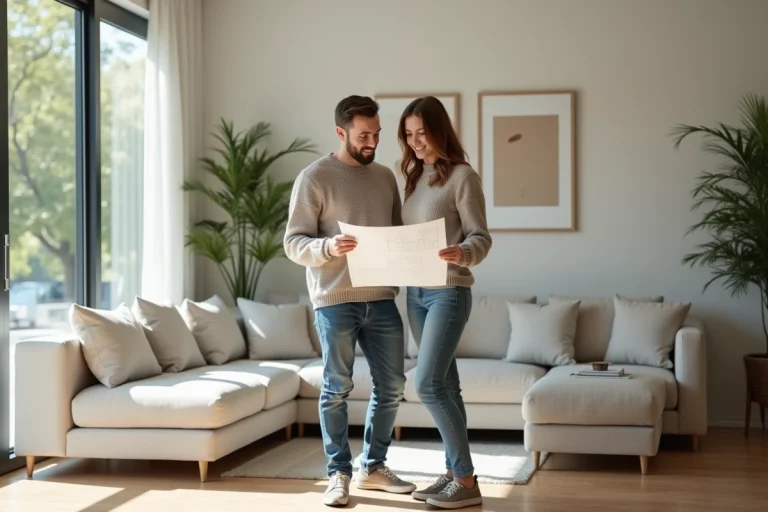 Jeune couple dans un salon lumineux examine des plans