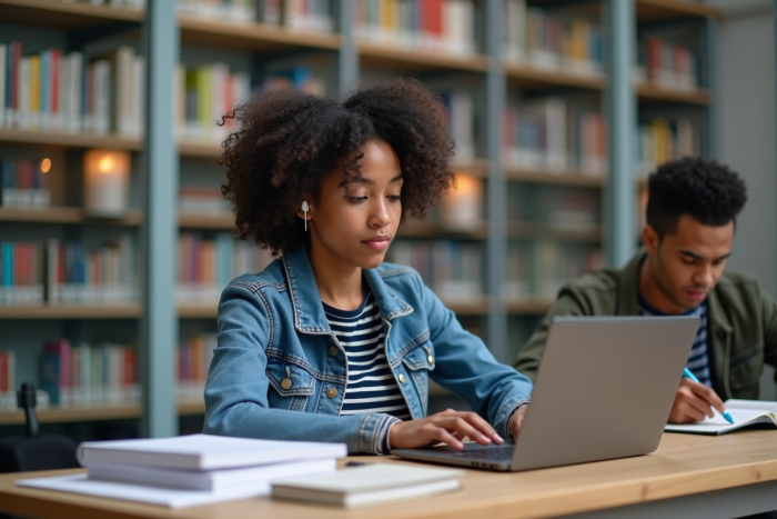 Etudiante concentrée à la bibliothèque universitaire avec notes et ordinateur