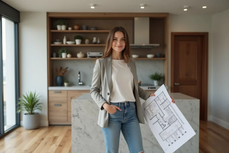 Jeune femme en blazer dans une cuisine moderne avec plans