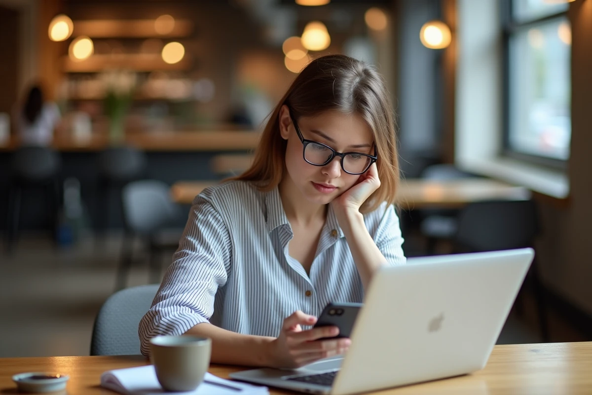 Jeune femme avec smartphone dans un espace de coworking